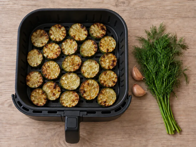 Кабачки кружочками с чесноком и зеленью в аэрогриле, шаг 4: Готовьте 12–15 минут при 180 °C, на 7-й минуте переверните