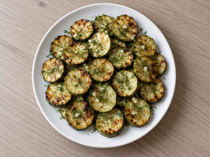 Кабачки кружочками с чесноком и зеленью в аэрогриле, шаг 5: Посыпьте горячие кабачки чесноком через пресс и рубленым укропом и подавайте