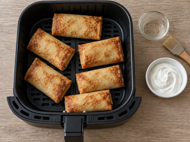 Блинчики с мясом из заморозки в аэрогриле, шаг 3: Готовьте 8–10 минут при 180 °C, на 5-й минуте переверните