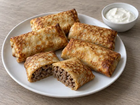 Блинчики с мясом из заморозки в аэрогриле